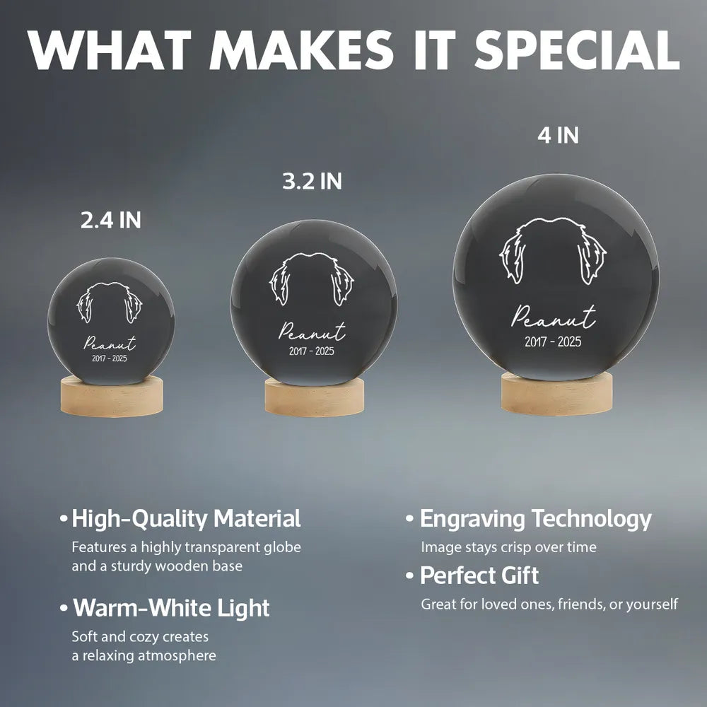 Dog Head Outline Memorial - Personalized Crystal Ball LED Night Light - Dog Memorial Remembrance Keepsake