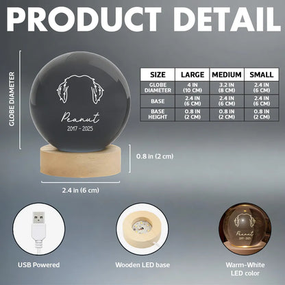 Dog Head Outline Memorial - Personalized Crystal Ball LED Night Light - Dog Memorial Remembrance Keepsake