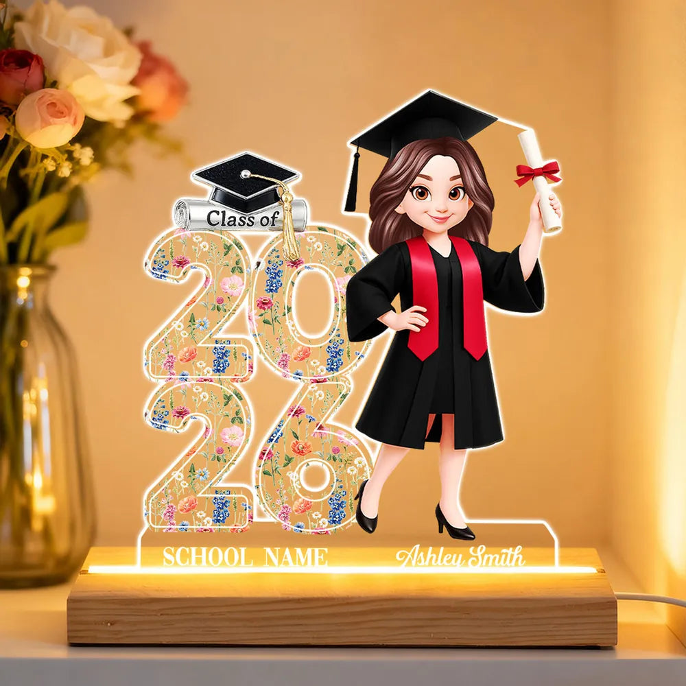 Class Of 2026 2027 Senior Floral - Personalized Acrylic Plaque LED Night Light - Graduation Gift For Graduates, Daughter