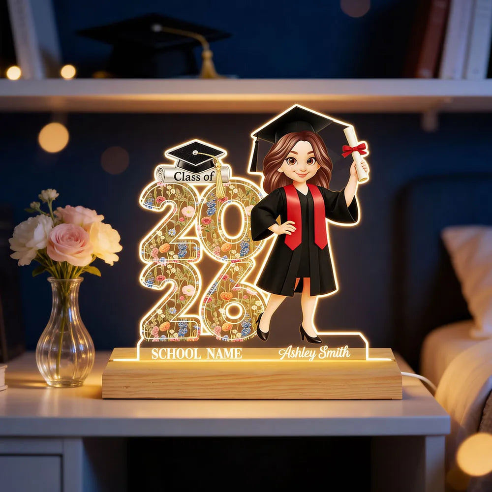 Class Of 2026 2027 Senior Floral - Personalized Acrylic Plaque LED Night Light - Graduation Gift For Graduates, Daughter