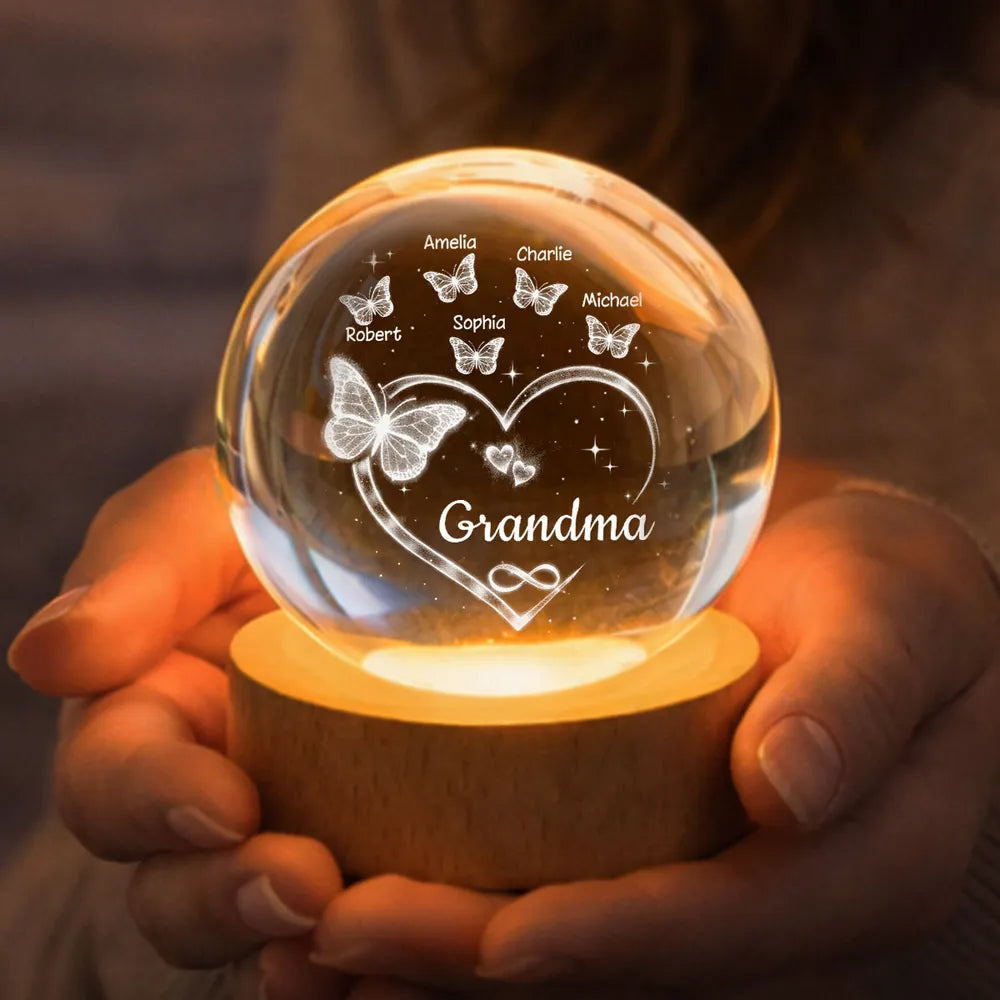 Grandma Butterfly Hearts with Grandkids' Names - Personalized Crystal Ball LED Night Light - Sentimental Gift for Grandma