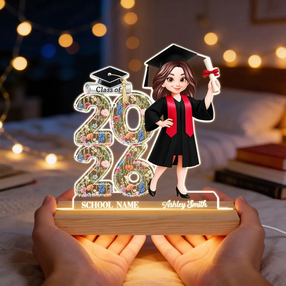 Class Of 2026 2027 Senior Floral - Personalized Acrylic Plaque LED Night Light - Graduation Gift For Graduates, Daughter