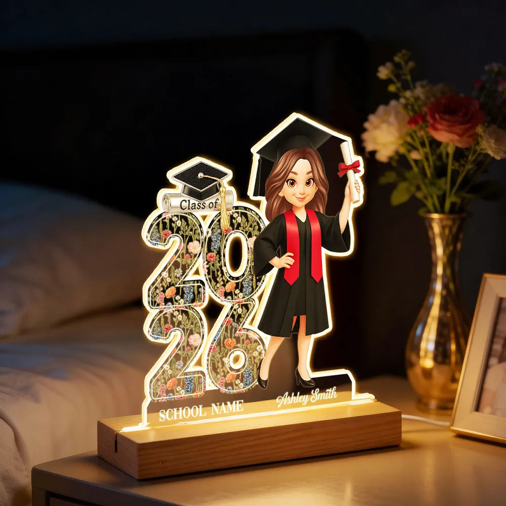Class Of 2026 2027 Senior Floral - Personalized Acrylic Plaque LED Night Light - Graduation Gift For Graduates, Daughter