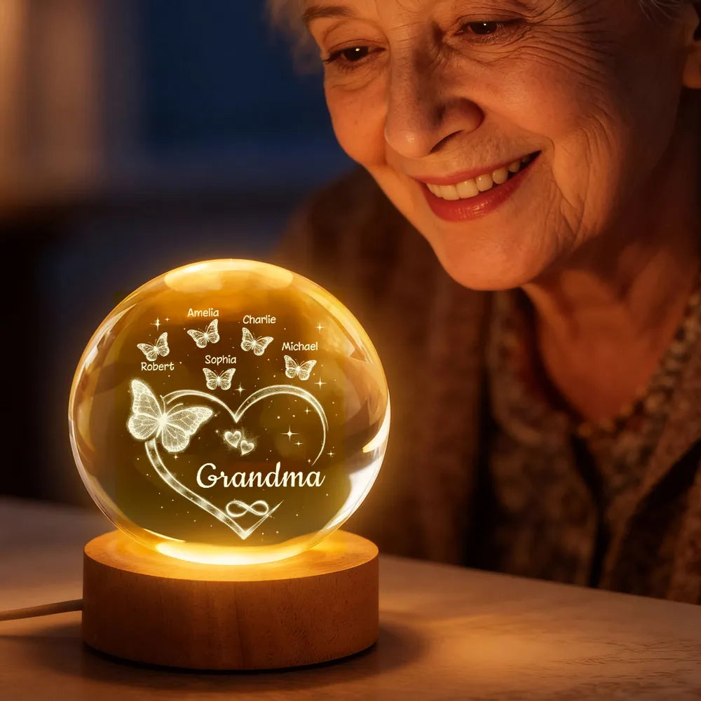 Grandma Butterfly Hearts with Grandkids' Names - Personalized Crystal Ball LED Night Light - Sentimental Gift for Grandma