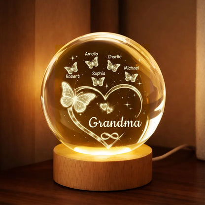 Grandma Butterfly Hearts with Grandkids' Names - Personalized Crystal Ball LED Night Light - Sentimental Gift for Grandma