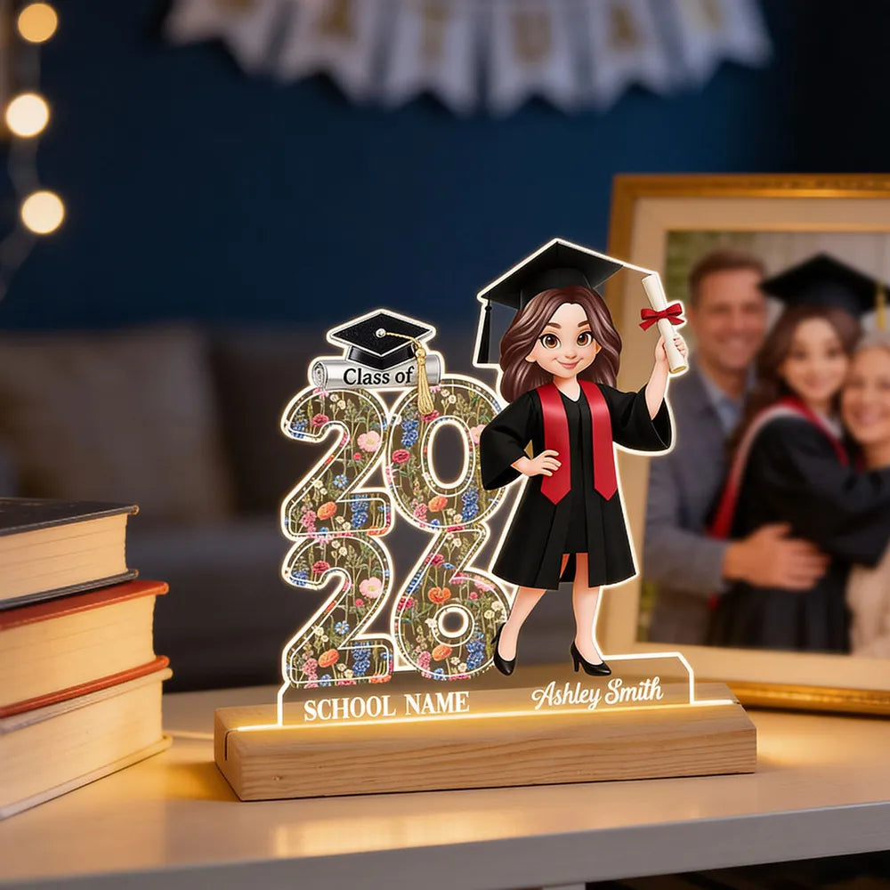Class Of 2026 2027 Senior Floral - Personalized Acrylic Plaque LED Night Light - Graduation Gift For Graduates, Daughter