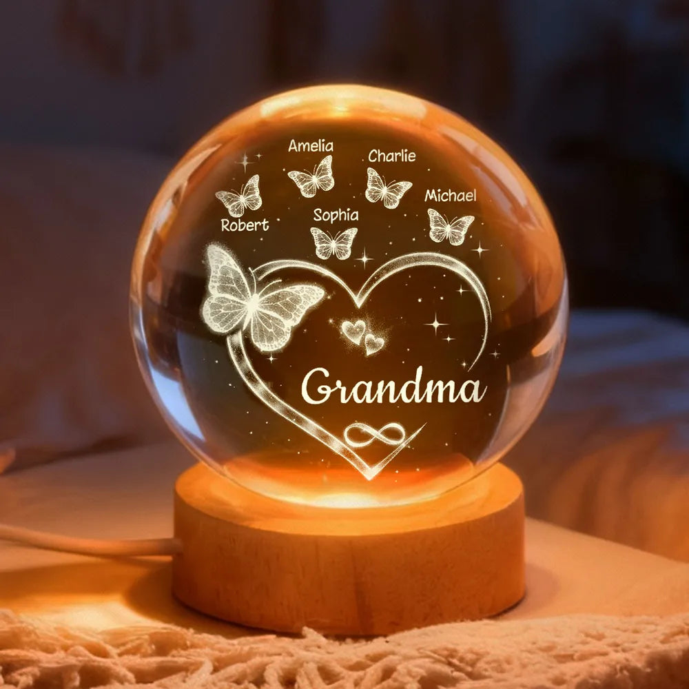 Grandma Butterfly Hearts with Grandkids' Names - Personalized Crystal Ball LED Night Light - Sentimental Gift for Grandma