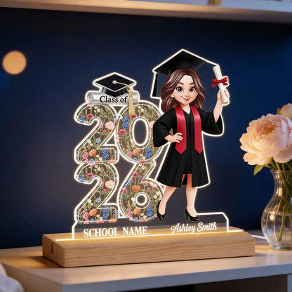 Class Of 2026 2027 Senior Floral - Personalized Acrylic Plaque LED Night Light - Graduation Gift For Graduates, Daughter