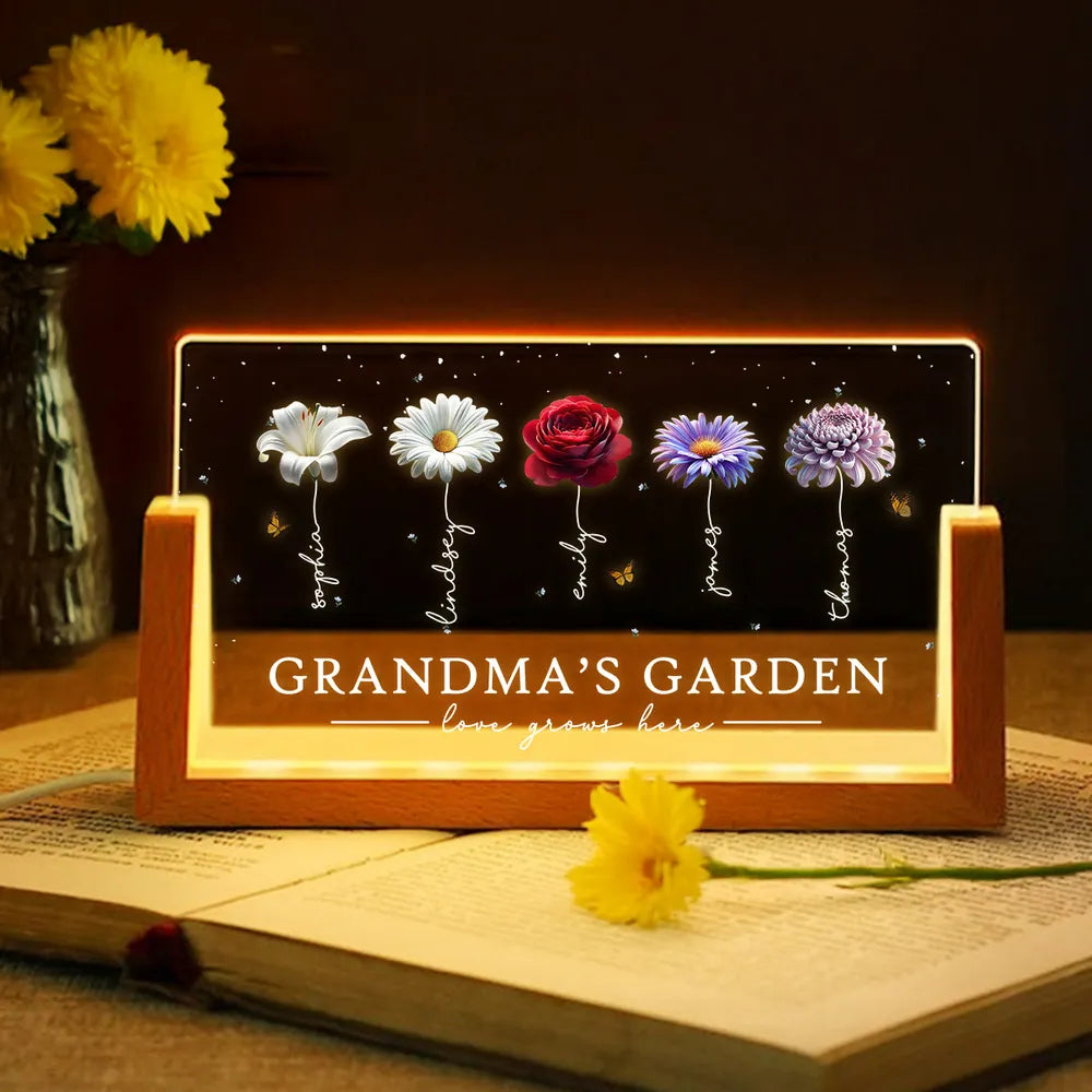 Grandma's Garden Beautiful 3D Effect Birth Flowers - Personalized Acrylic Plaque LED Night Light - Gift For Grandma