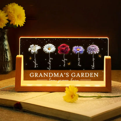Grandma's Garden Beautiful 3D Effect Birth Flowers - Personalized Acrylic Plaque LED Night Light - Gift For Grandma