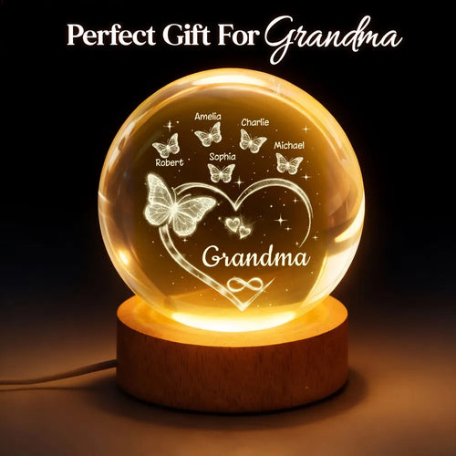Grandma Butterfly Hearts with Grandkids' Names - Personalized Crystal Ball LED Night Light - Sentimental Gift for Grandma