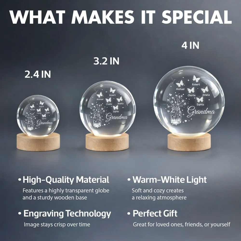 Grandma Butterfly Flower Jar - Personalized Crystal Ball LED Night Light - Sentimental Gift for Grandma