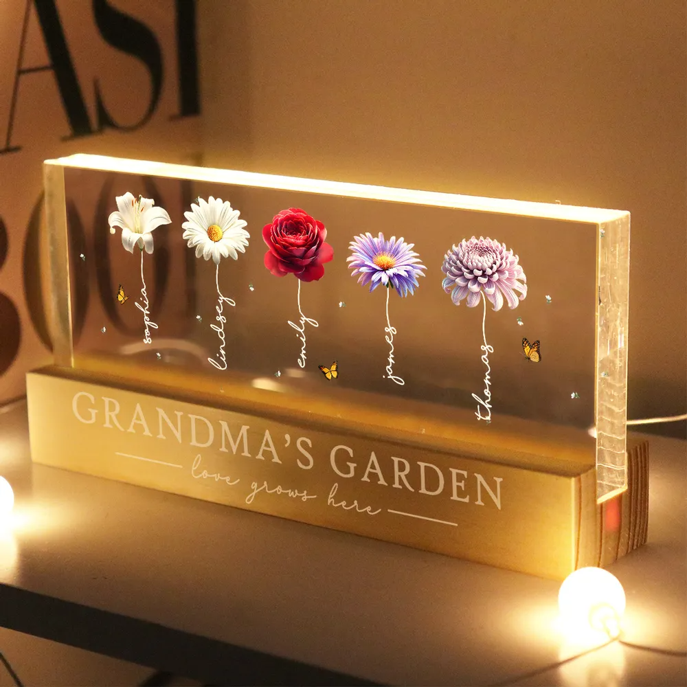 Grandma's Garden Beautiful 3D Effect Birth Flowers - Personalized Acrylic Block LED Night Light - Gift For Grandma