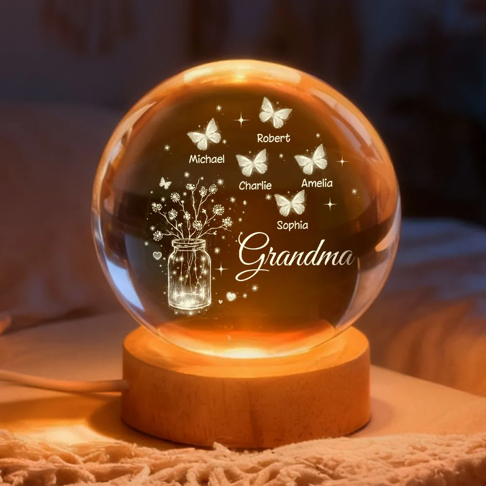 Grandma Butterfly Flower Jar - Personalized Crystal Ball LED Night Light - Sentimental Gift for Grandma