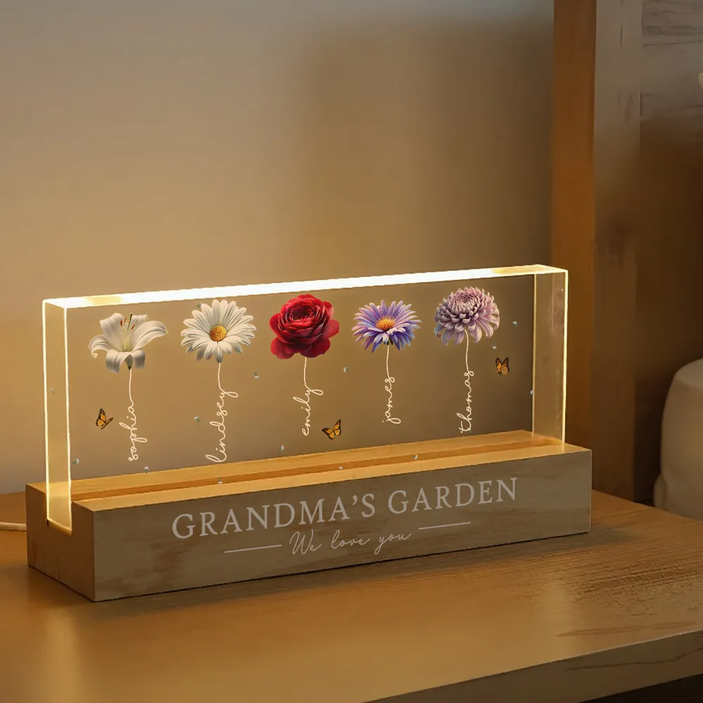 Grandma's Garden Beautiful 3D Effect Birth Flowers - Personalized Acrylic Block LED Night Light - Gift For Grandma