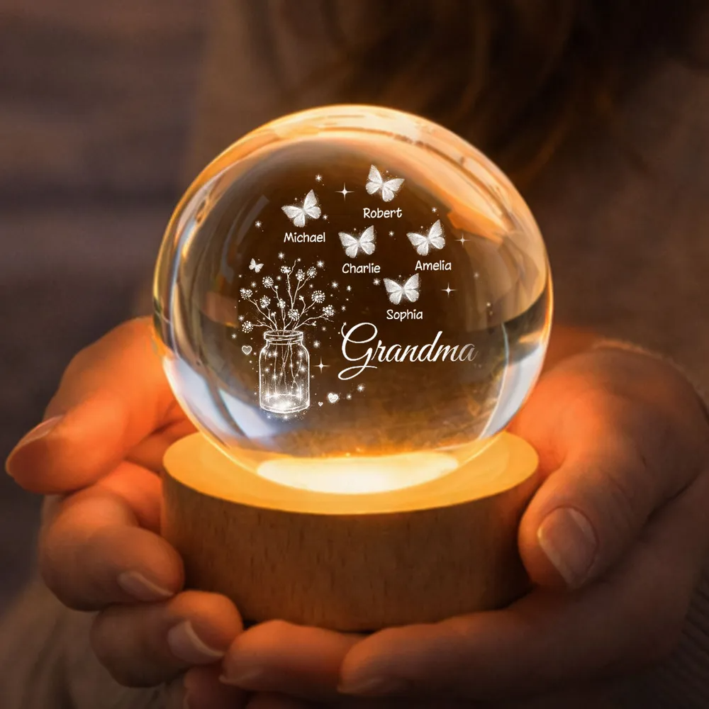 Grandma Butterfly Flower Jar - Personalized Crystal Ball LED Night Light - Sentimental Gift for Grandma