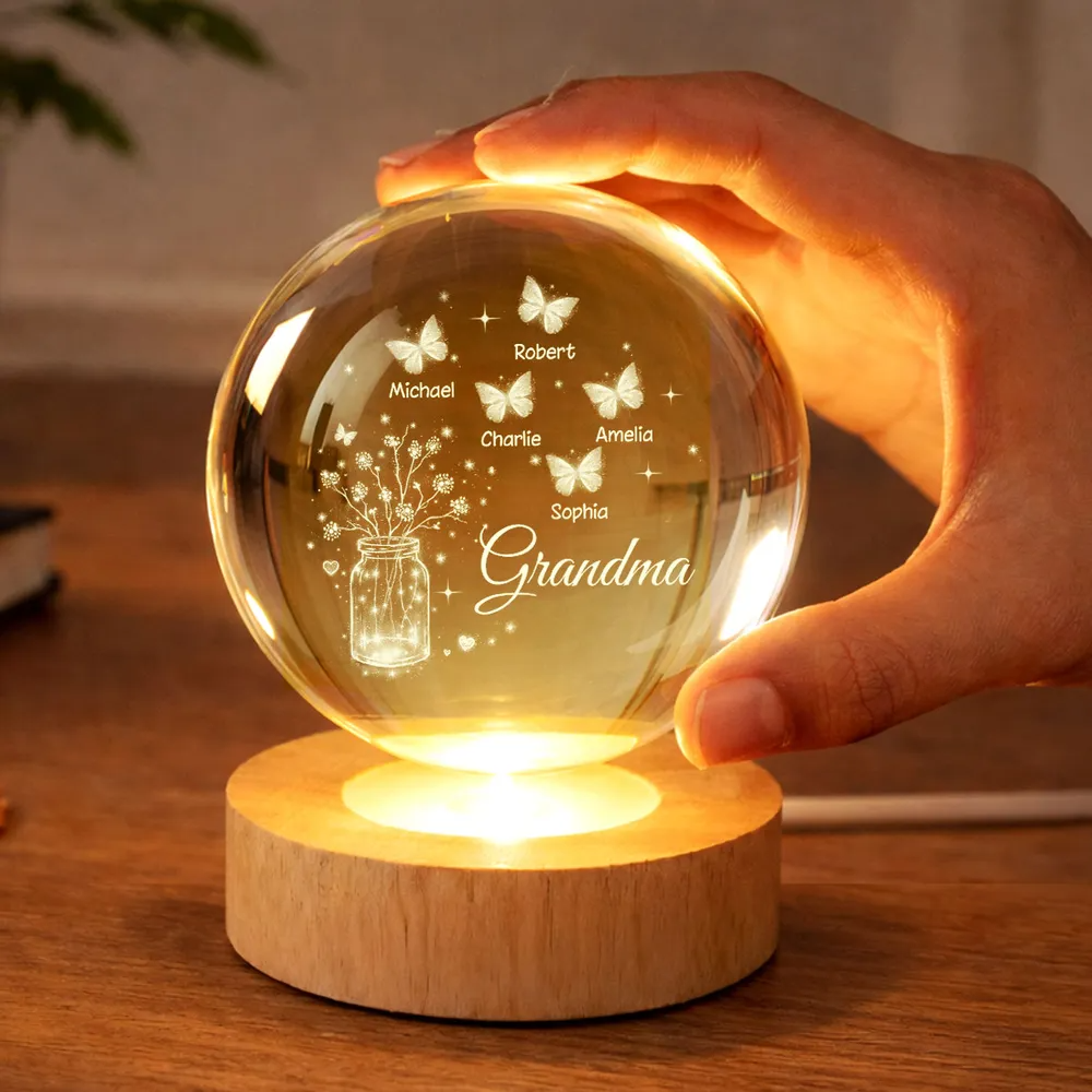 Grandma Butterfly Flower Jar - Personalized Crystal Ball LED Night Light - Sentimental Gift for Grandma
