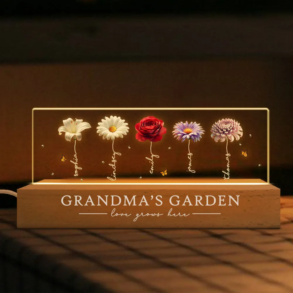 Grandma's Garden Beautiful 3D Effect Birth Flowers - Personalized Acrylic Block LED Night Light - Gift For Grandma