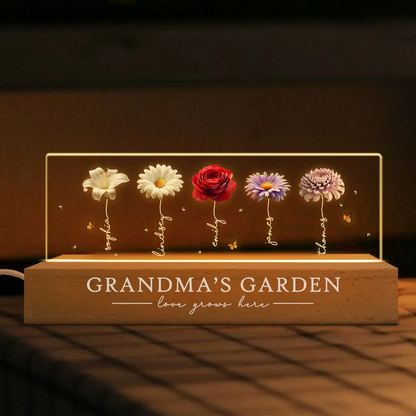 Grandma's Garden Beautiful 3D Effect Birth Flowers - Personalized Acrylic Block LED Night Light - Gift For Grandma