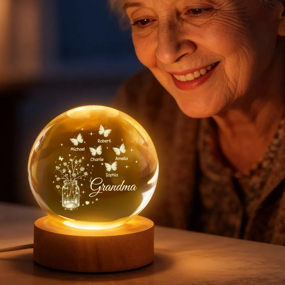 Grandma Butterfly Flower Jar - Personalized Crystal Ball LED Night Light - Sentimental Gift for Grandma