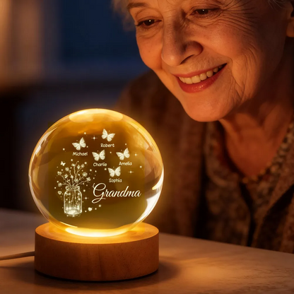 Grandma Butterfly Flower Jar - Personalized Crystal Ball LED Night Light - Sentimental Gift for Grandma