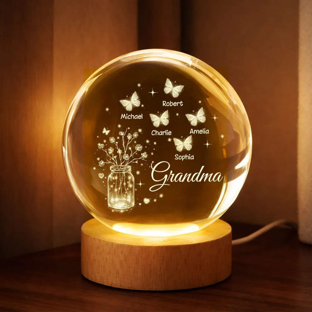 Grandma Butterfly Flower Jar - Personalized Crystal Ball LED Night Light - Sentimental Gift for Grandma