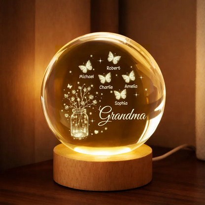 Grandma Butterfly Flower Jar - Personalized Crystal Ball LED Night Light - Sentimental Gift for Grandma