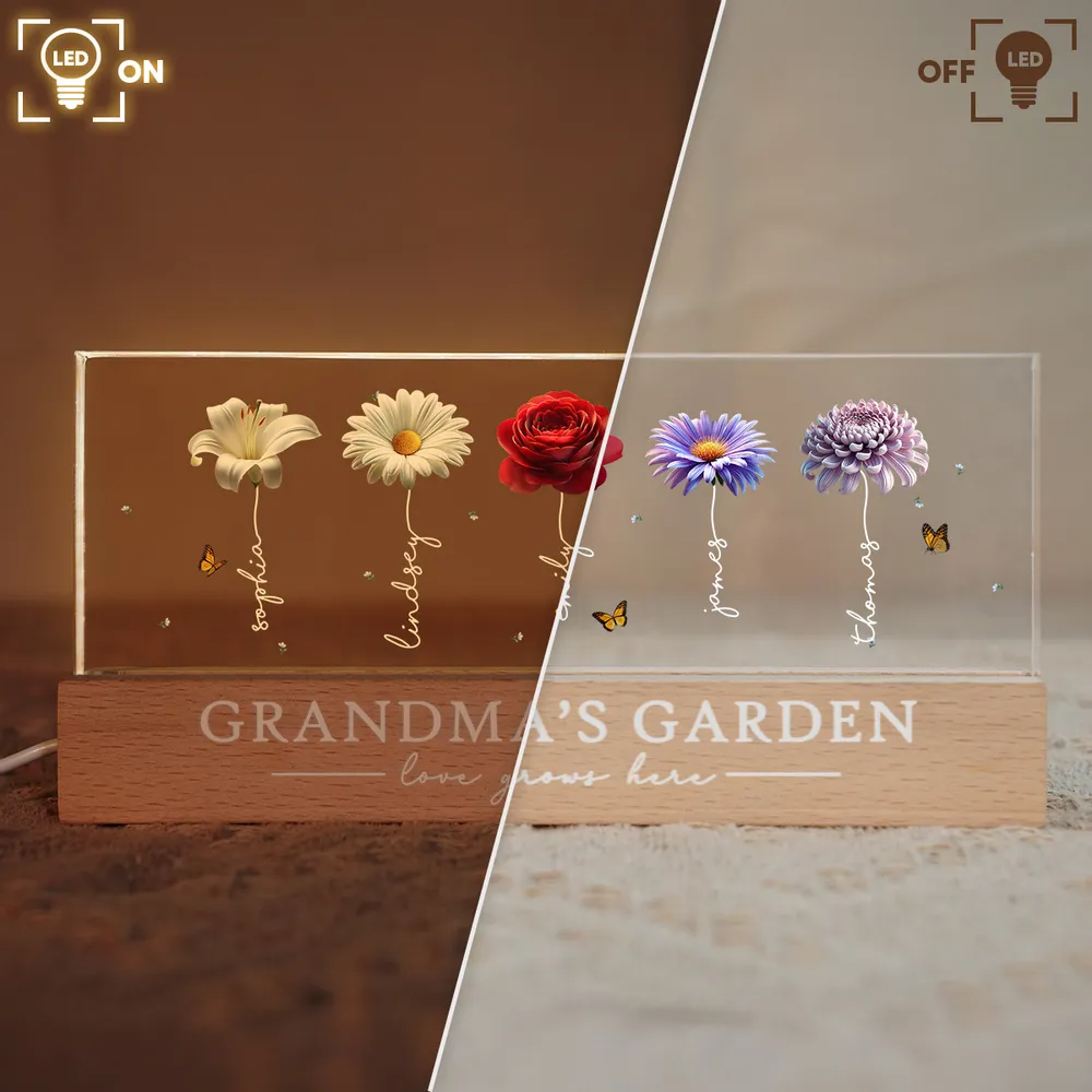 Grandma's Garden Beautiful 3D Effect Birth Flowers - Personalized Acrylic Block LED Night Light - Gift For Grandma