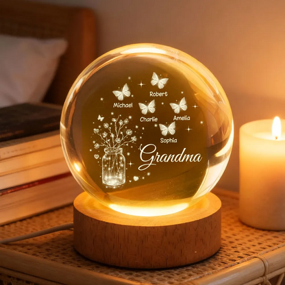 Grandma Butterfly Flower Jar - Personalized Crystal Ball LED Night Light - Sentimental Gift for Grandma