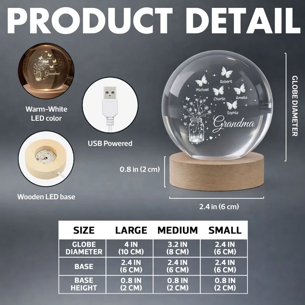 Grandma Butterfly Flower Jar - Personalized Crystal Ball LED Night Light - Sentimental Gift for Grandma