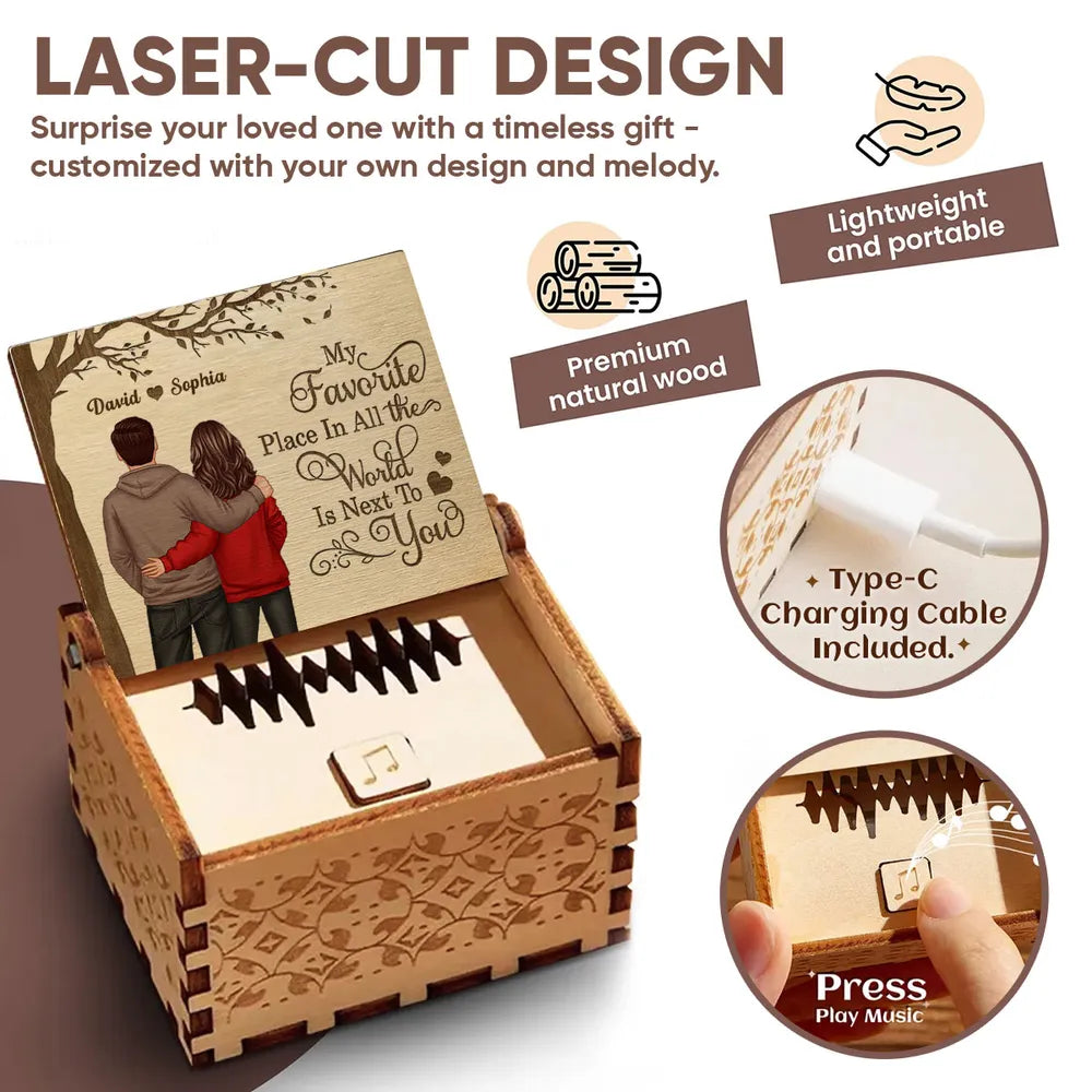 Favorite Place In The World Couple Standing Back View - Personalized Wooden Music Box - Valentine's Day Gift For Him, Gift For Her