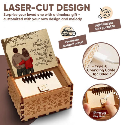 Favorite Place In The World Couple Standing Back View - Personalized Wooden Music Box - Valentine's Day Gift For Him, Gift For Her