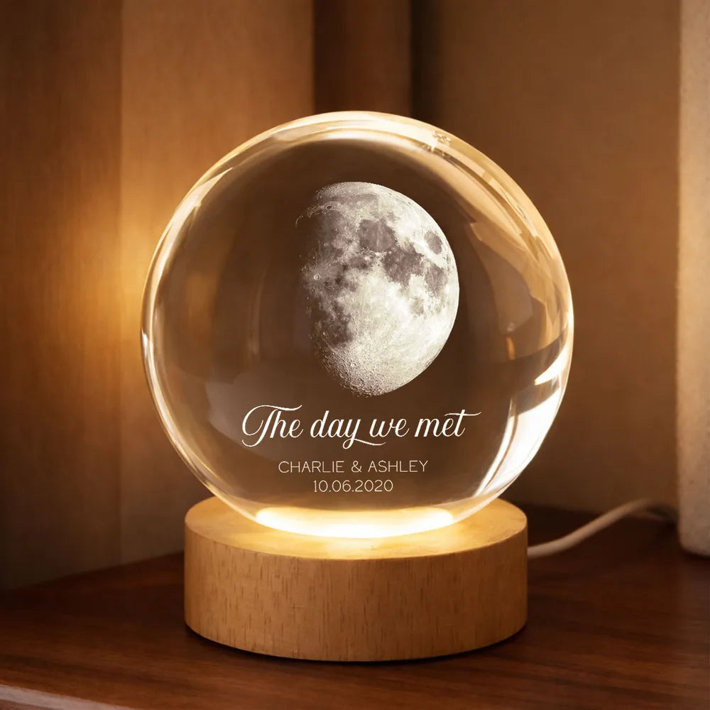 Our Moon Couple Anniversary Date - Personalized Crystal Ball LED Night Light - Sentimental Valentine's Day Gift for Her, for Him
