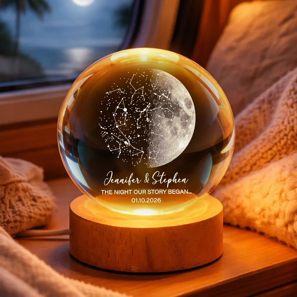 Custom Moon Phase & Star Map by Date - Personalized Crystal Ball Night Light - Heartfelt Anniversary Gift, Valentine's Day Gift for Her, for Him