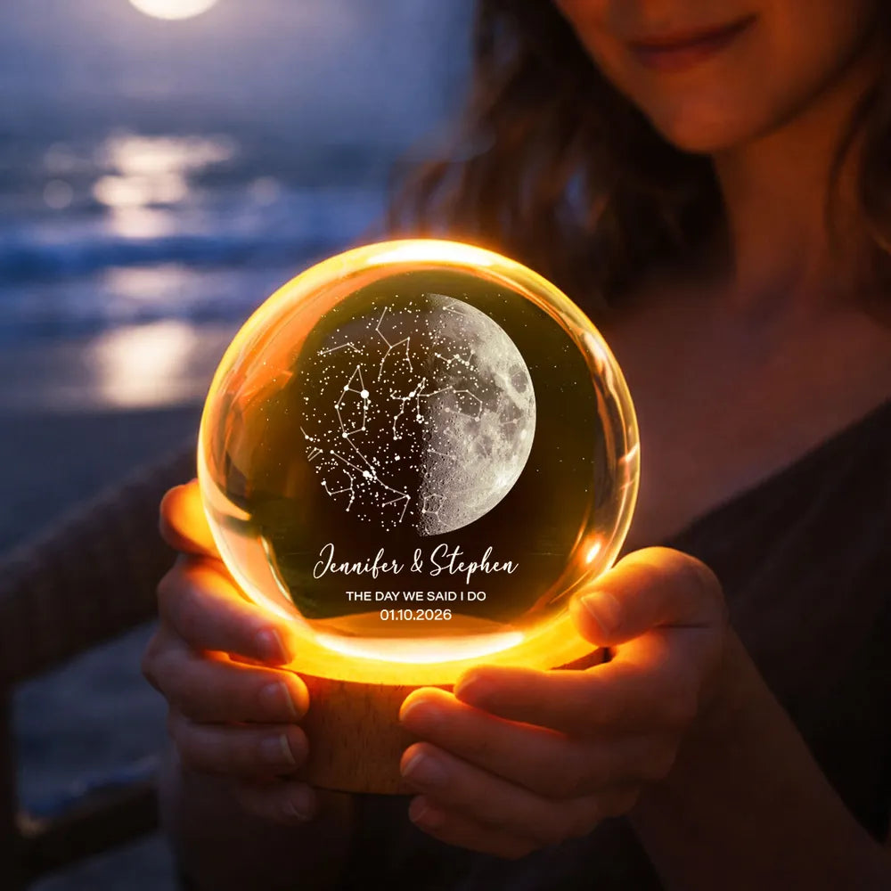 Custom Moon Phase & Star Map by Date - Personalized Crystal Ball Night Light - Heartfelt Anniversary Gift, Valentine's Day Gift for Her, for Him