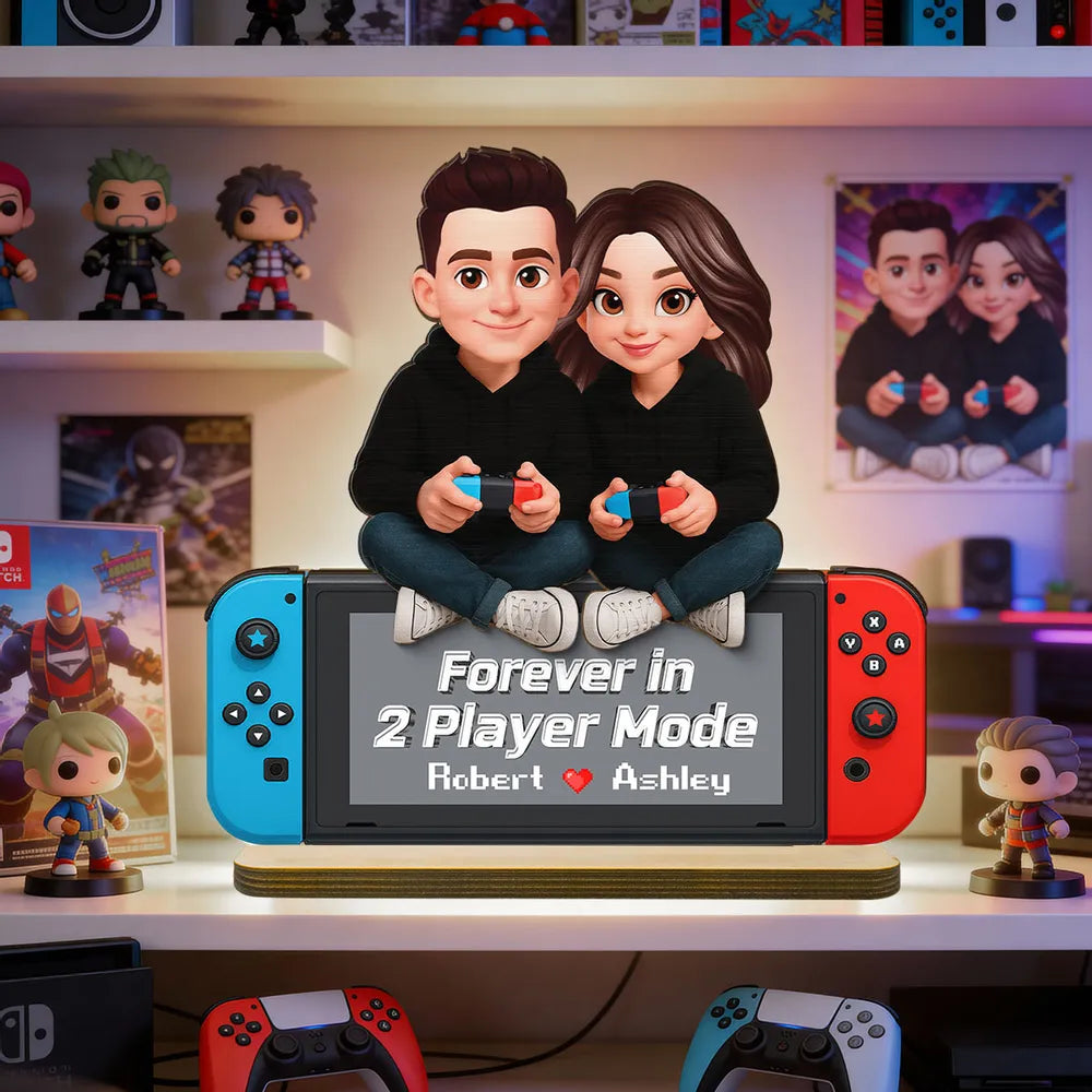 Forever In 2 Player Mode Gaming Couple - Personalized Wooden Plaque - Heartfelt Valentine, Anniversary Gift For Gamers, For Him, For Her