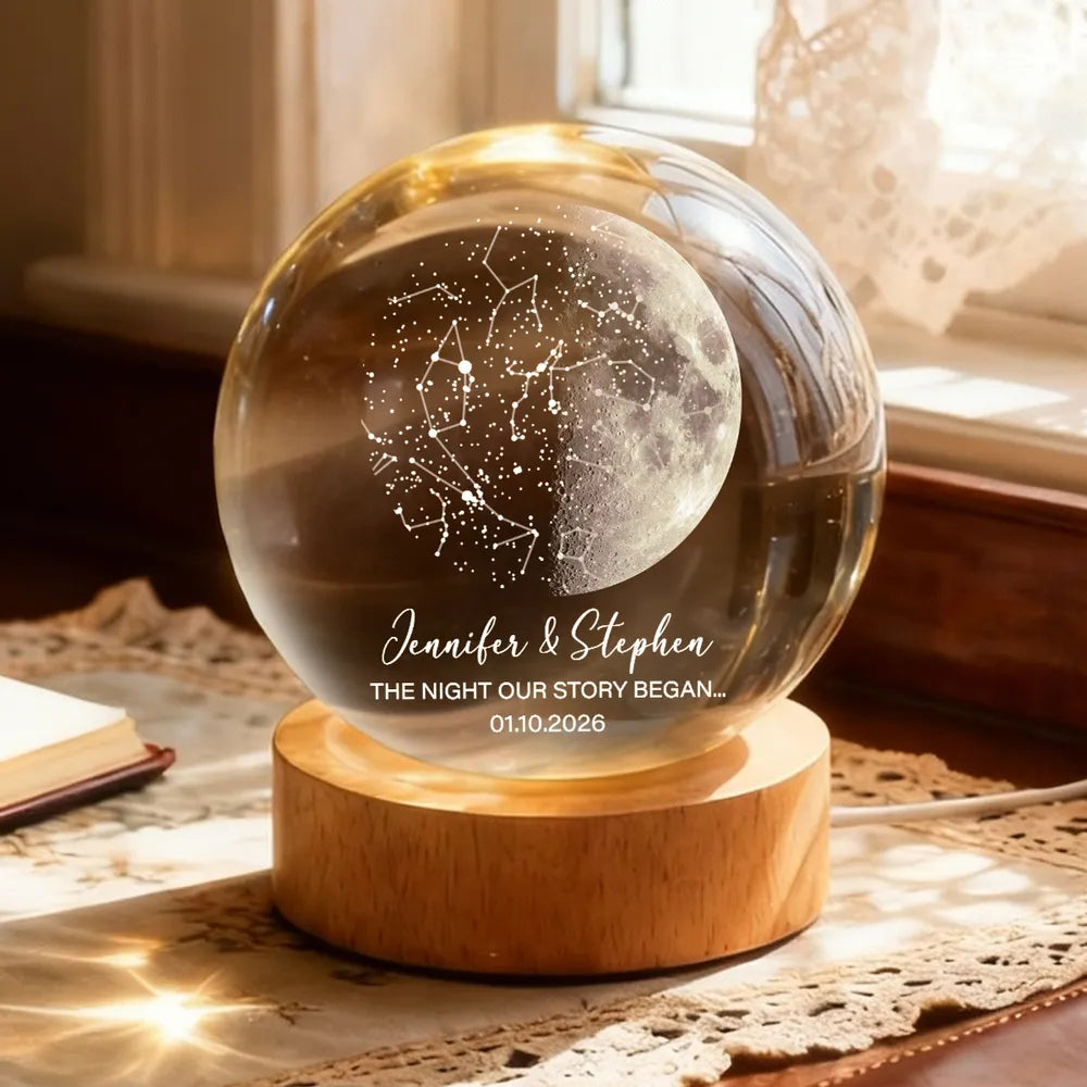 Custom Moon Phase & Star Map by Date - Personalized Crystal Ball Night Light - Heartfelt Anniversary Gift, Valentine's Day Gift for Her, for Him