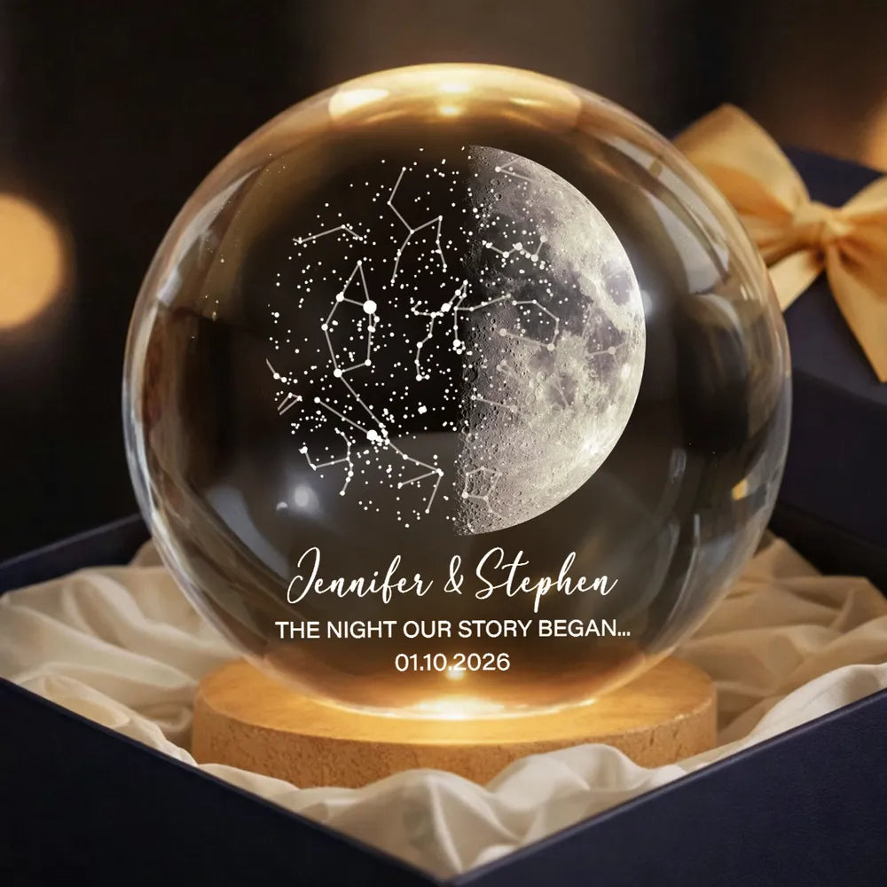 Custom Moon Phase & Star Map by Date - Personalized Crystal Ball Night Light - Heartfelt Anniversary Gift, Valentine's Day Gift for Her, for Him