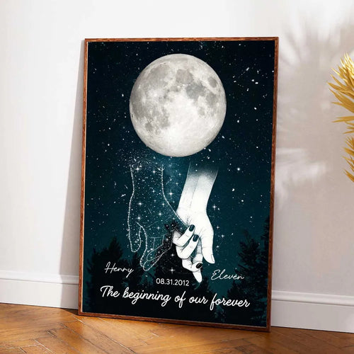 Galaxy Night Couple Holding Hands Custom Moon Phase Anniversary Date - Personalized Poster - Heartfelt Anniversary Gift, Valentine Gift, Wedding Gift For Couple