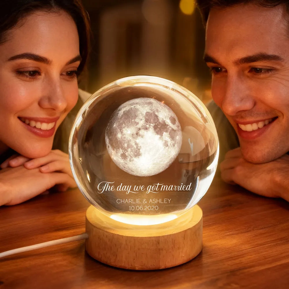 Our Moon Couple Anniversary Date - Personalized Crystal Ball LED Night Light - Sentimental Valentine's Day Gift for Her, for Him