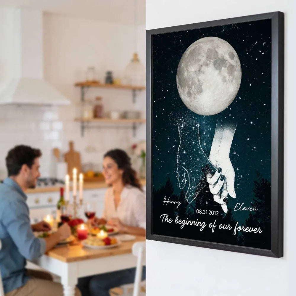 Galaxy Night Couple Holding Hands Custom Moon Phase Anniversary Date - Personalized Poster - Heartfelt Anniversary Gift, Valentine Gift, Wedding Gift For Couple