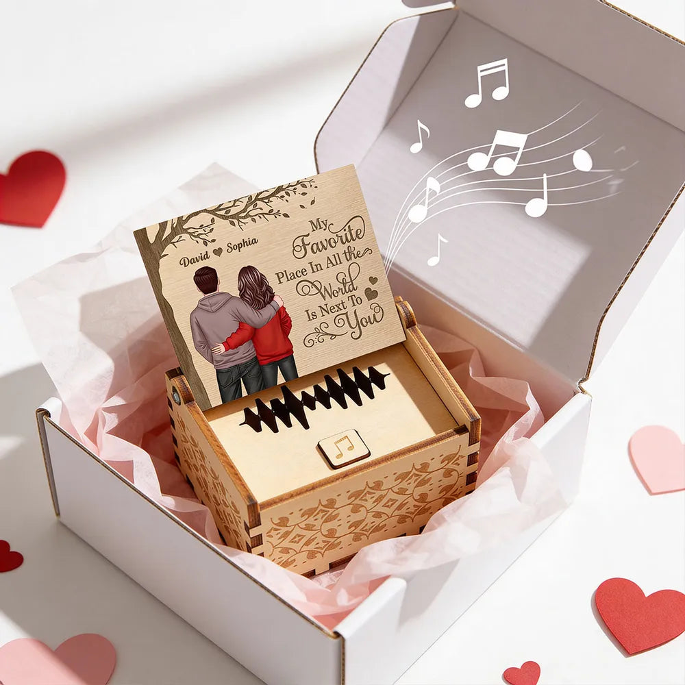 Favorite Place In The World Couple Standing Back View - Personalized Wooden Music Box - Valentine's Day Gift For Him, Gift For Her