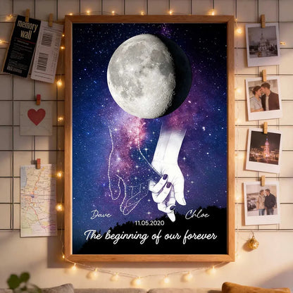 Galaxy Night Couple Holding Hands Custom Moon Phase Anniversary Date - Personalized Poster - Heartfelt Anniversary Gift, Valentine Gift, Wedding Gift For Couple