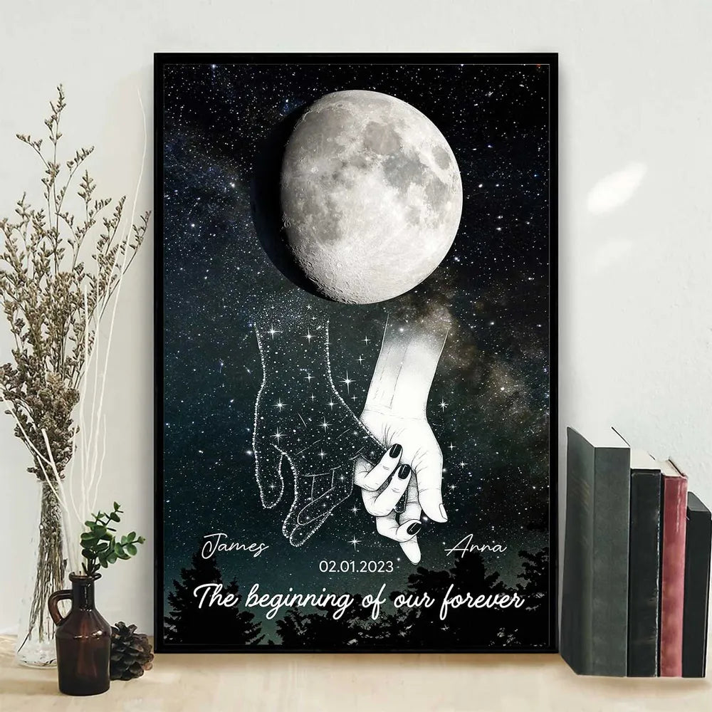 Galaxy Night Couple Holding Hands Custom Moon Phase Anniversary Date - Personalized Poster - Heartfelt Anniversary Gift, Valentine Gift, Wedding Gift For Couple