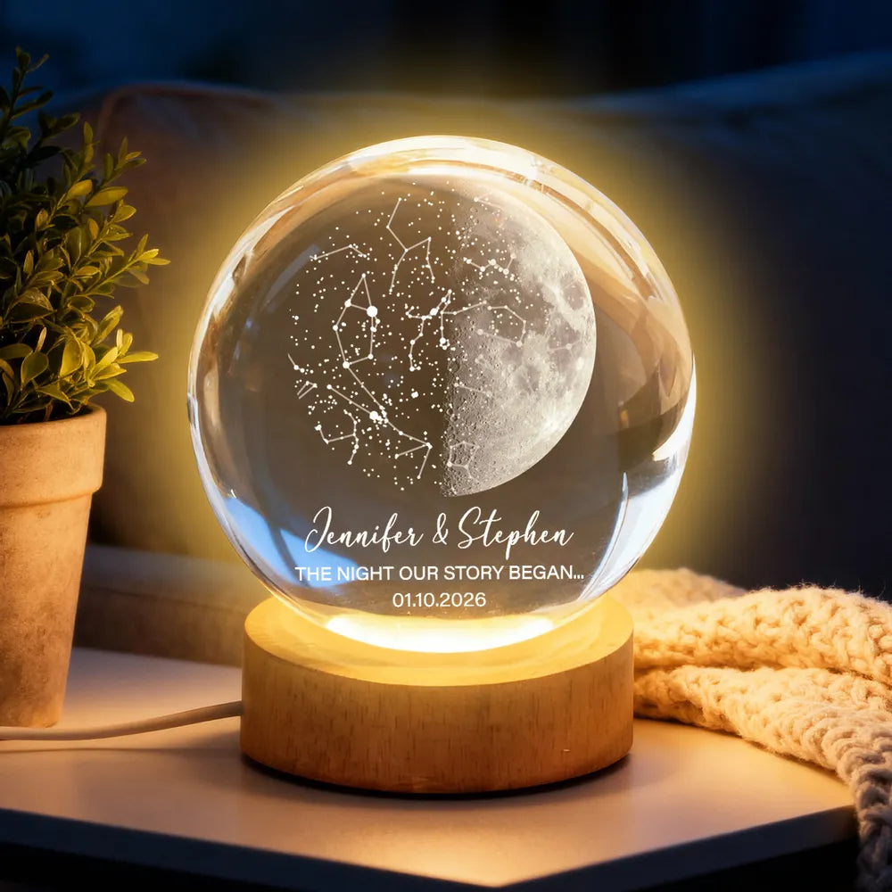 Custom Moon Phase & Star Map by Date - Personalized Crystal Ball Night Light - Heartfelt Anniversary Gift, Valentine's Day Gift for Her, for Him