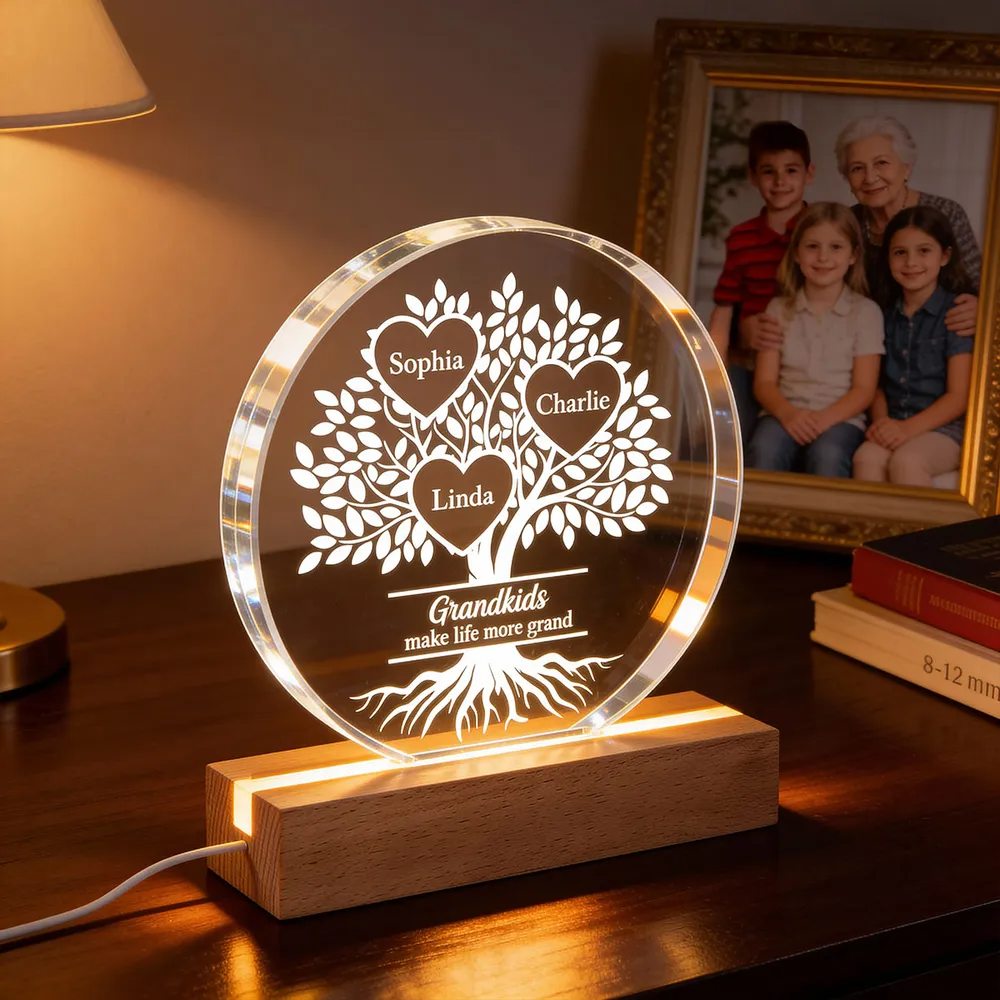 Grandkids Make Life More Grand - Personalized Acrylic Block LED Night Light - Heartfelt Gift for Grandma