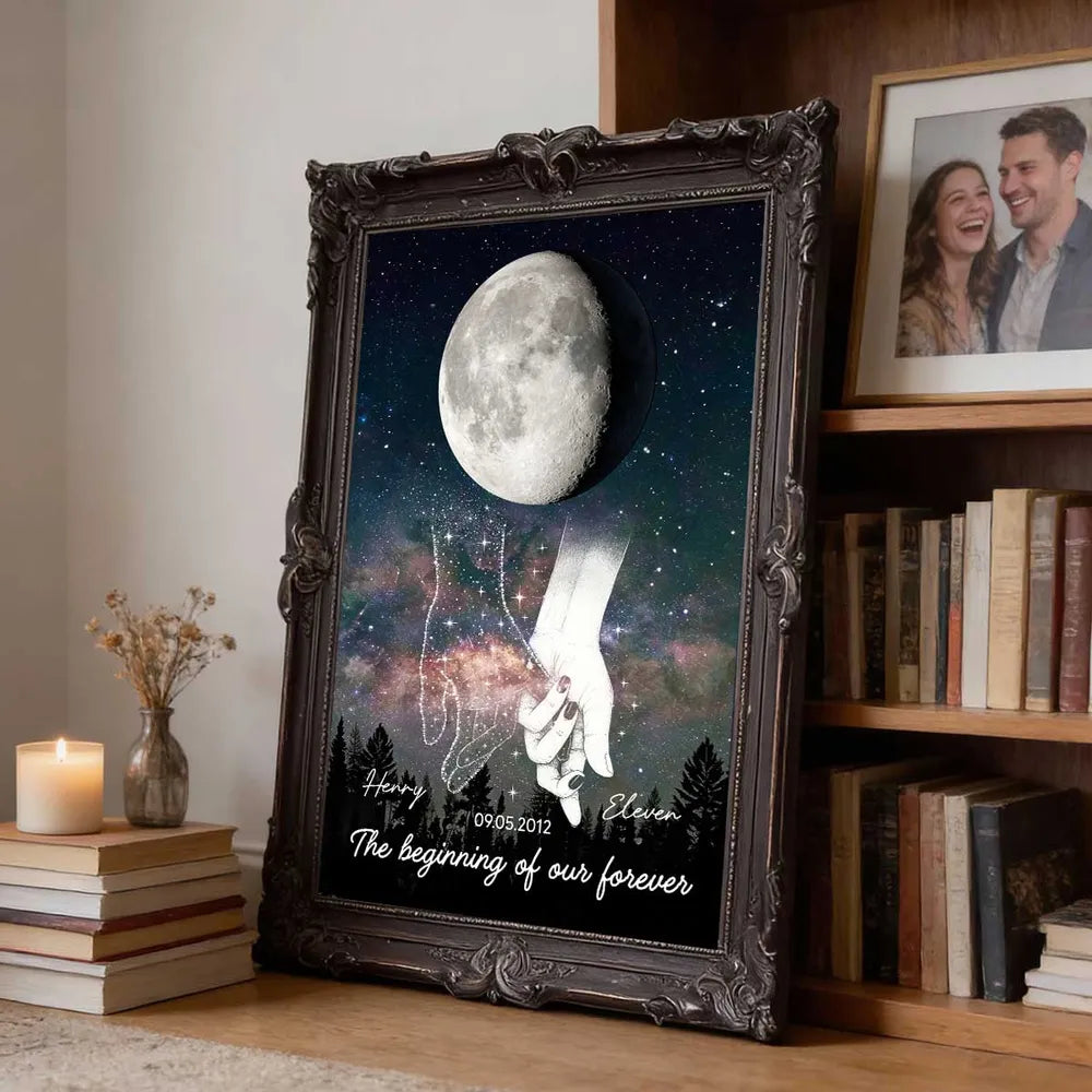 Galaxy Night Couple Holding Hands Custom Moon Phase Anniversary Date - Personalized Poster - Heartfelt Anniversary Gift, Valentine Gift, Wedding Gift For Couple