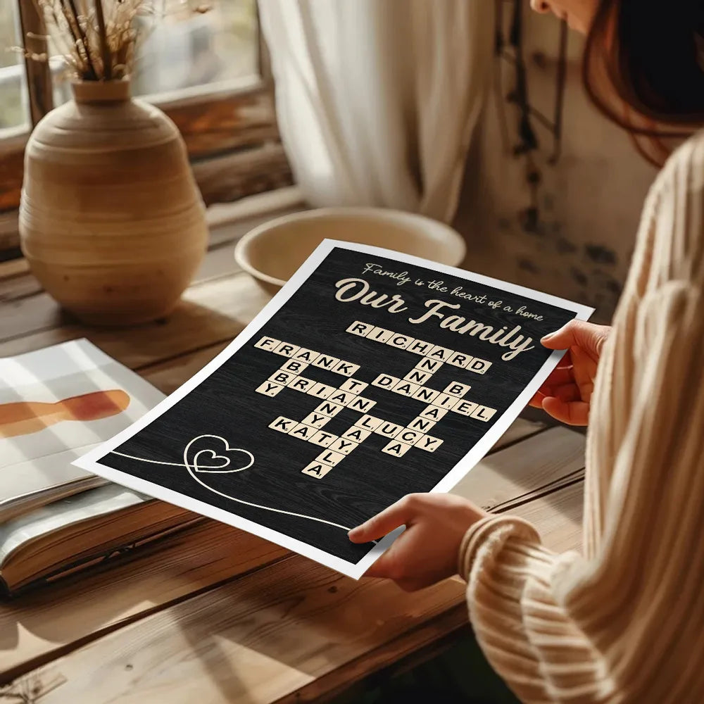 Family is the Heart of the Home Crossword Art - Personalized Poster - Unique Gift for Parents Grandparents