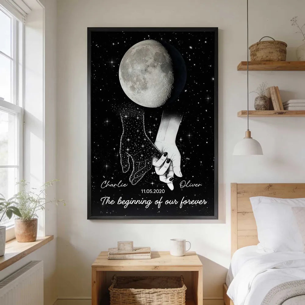 Galaxy Night Couple Holding Hands Custom Moon Phase Anniversary Date - Personalized Poster - Heartfelt Anniversary Gift, Valentine Gift, Wedding Gift For Couple