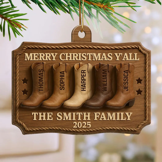 3D Effect Christmas Family Cowboy Boots Merry Christmas Y'all - Personalized Wooden Ornament - Gift For Family
